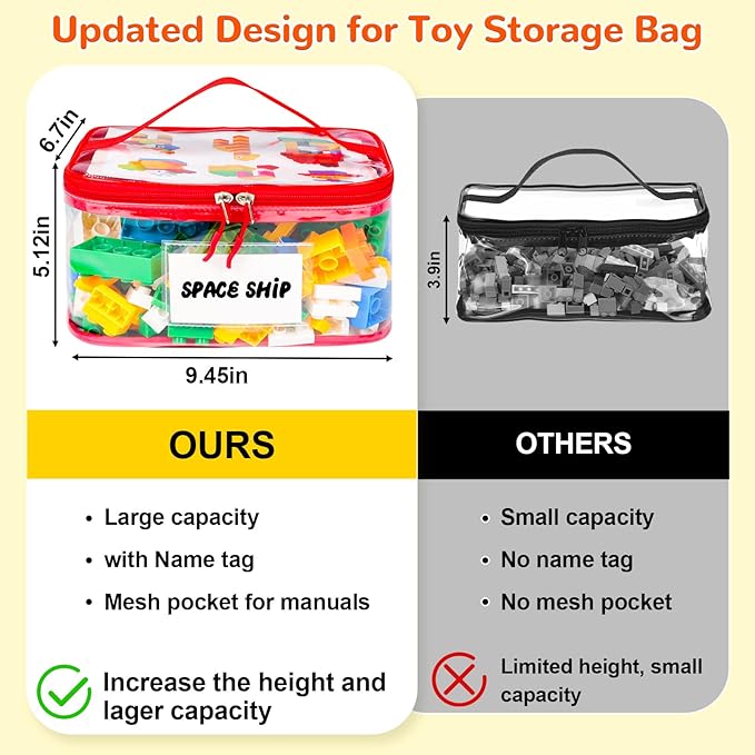 Tesuko 6 Pack Clear Toy Storage Bag with Name Tag& Manual Pocket, Waterproof Transparent PVC Toy Organizer Case for Lego Bric