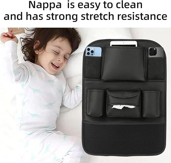 Car Backseat Organizer with Touch Screen Tablet Holder,7 Storage Pockets Protectors Kick Mats Travel Accessories for Kids-Black