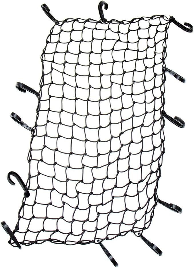 Funmit 22"x38" Cargo Net Stretches to 44"x76", Latex Bungee Cargo Net with 2"X2" Small Mesh and 12 Adjustable Plastic Hooks, for Car ATV Boat SUV Van Trailer Snowmobile (Black)