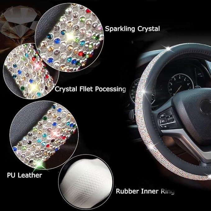 New Diamond Leather Steering Wheel Cover with Bling Bling Crystal Rhinestones, Universal Fit 15 Inch Car Wheel Protector for 