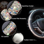 New Diamond Leather Steering Wheel Cover with Bling Bling Crystal Rhinestones, Universal Fit 15 Inch Car Wheel Protector for 
