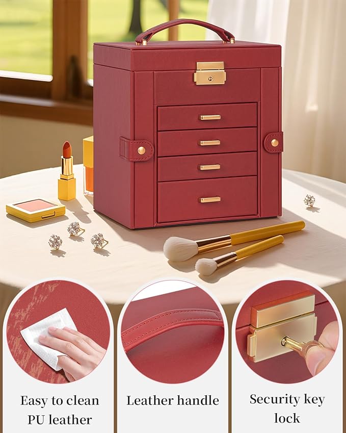TORIBIO Jewelry Box for Women, Leather Jewelry Organizer with Mirror & Lock, 5-Tier Jewelry Storage Organizer with 4 Drawers 