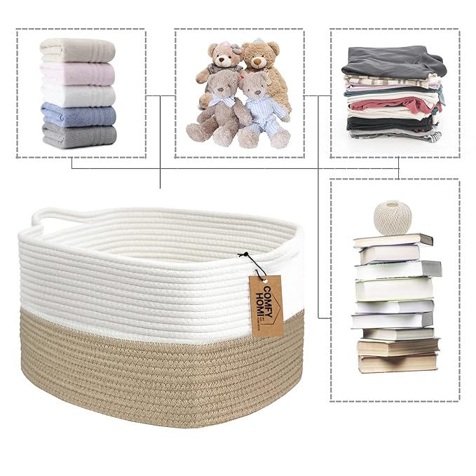 COMFY-HOMI Cotton Rope Woven Basket with Handles for Shelves,Toys,Book, Cloth Storage Baskets Bin for Organizing-13.5"x11"x9.