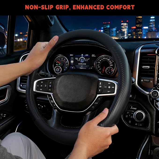 Steering Wheel Cover for Dodge Ram 1500, Ram 2500, Ram 3500, Fit 15.5-16" Wheels (Black-Half Carbon Fiber)
