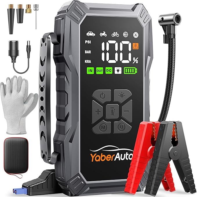 YaberAuto 10-in-1 Jump Starter with Air Compressor 6000A 150PSI Car Battery Jump Starter (All Gas/10L Diesel) 12V Jump Box