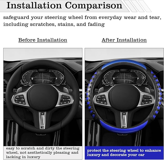 Car Leather Steering Wheel Cover - Carbon Fibre Material, Universal 14.5-15 Inch Leather Anti-Slip Breathable Auto Steering W