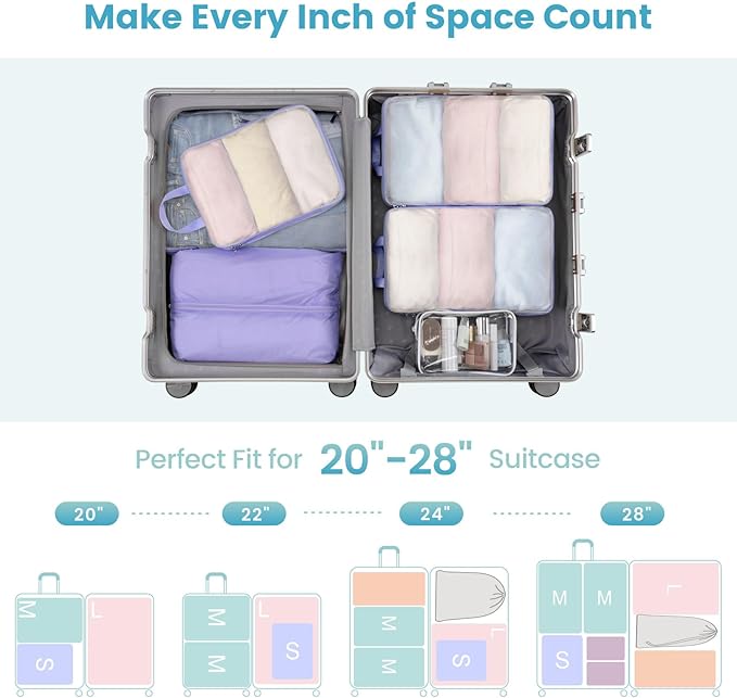 Cambond Mesh Compression Packing Cubes - 6 Piece Expandable See Through Packing Cubes for travel with Shoe and Makeup Bag, Tr