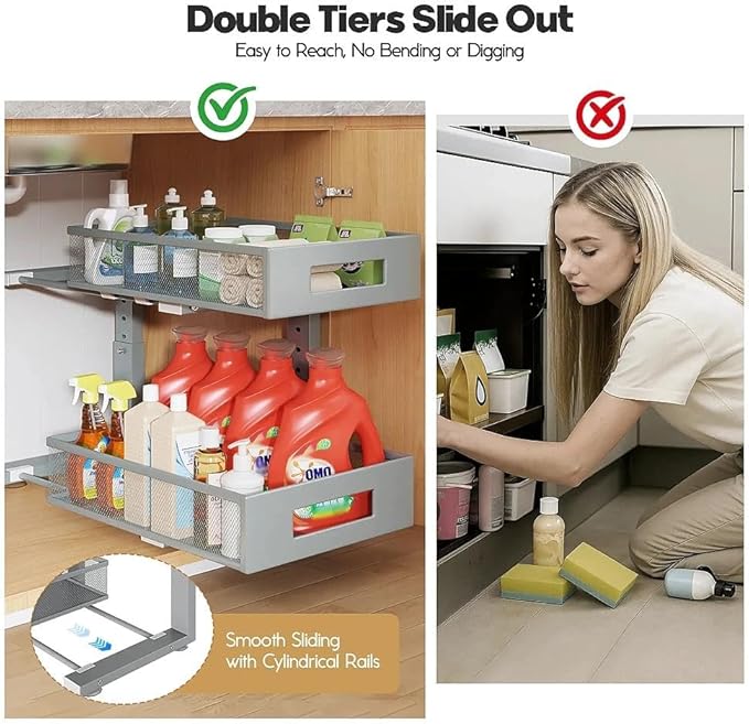 Under Sink Organizer,2-Tier Dual Pull Out Cabinet Organizer Drawers With Smooth Circular Rail,Large Capacity Metal Mesh Slidi