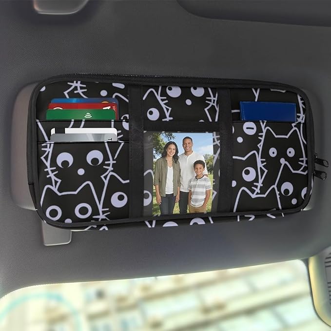 Black Cat Sun Visor Organizer for Trucks,Car SUV Storage Pouch Holder with Multi-Pocket Zipper Document Holder for Insurance, Pen, Chapstick