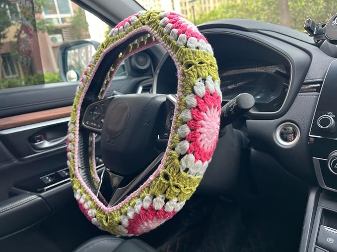 Crochet Sunflower Car Steering Wheel Covers Universal 14-15 inch for Women/Men (A,Steering Wheel Cover)