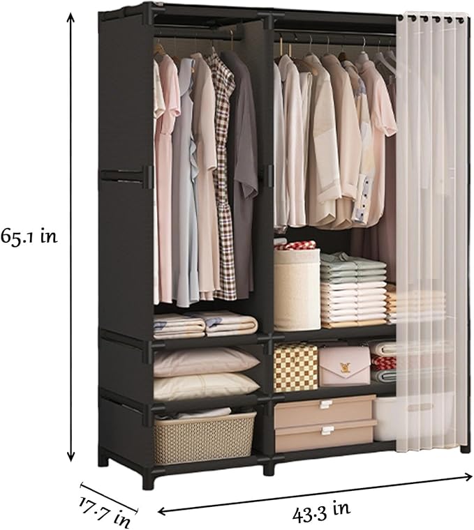 Portable Closet,Portable Closets for Hanging Clothes,Japanese Style Wardrobe with 2 Hanging Rods,6 Storage Shelves,43.3" L x 