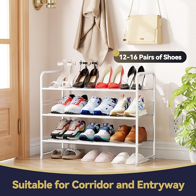 3 Tier Shoe Rack, Closet Shoe Organizer for Entryway, Heavy Duty Stackable Shoe Storage Shelf Stand,White