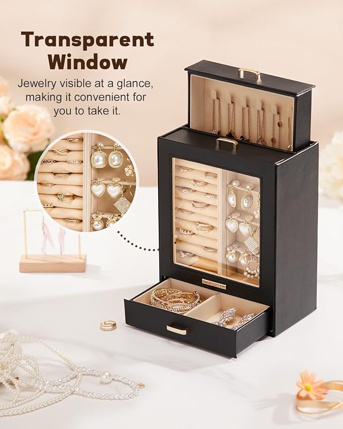 Homde Jewelry Organizer Girls Women Jewelry Box for Necklaces Rings Earrings Gift Bracelets Storage Case (Black + Gold)