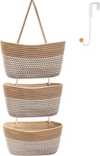 Over the Door Hanging Basket for Organizing 3 Tiers Woven Cotton Rope Wall Mount Storage basket Decorative Kitchen Hanging Or