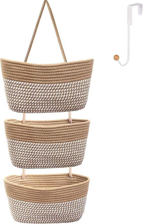 Over the Door Hanging Basket for Organizing 3 Tiers Woven Cotton Rope Wall Mount Storage basket Decorative Kitchen Hanging Or