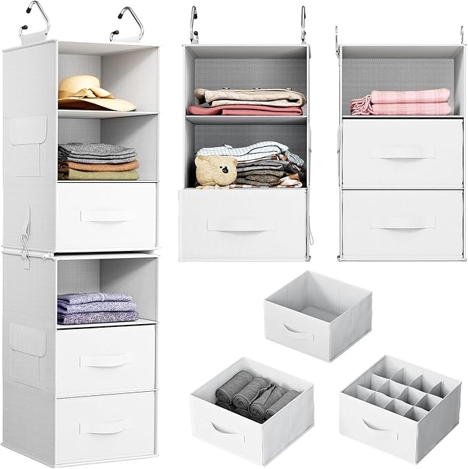 Pipishell 6-Shelf Hanging Closet Organizer with 2 Separable 3-Tier Shelves, 3 Drawers & Side Pockets Closet Organizers and St