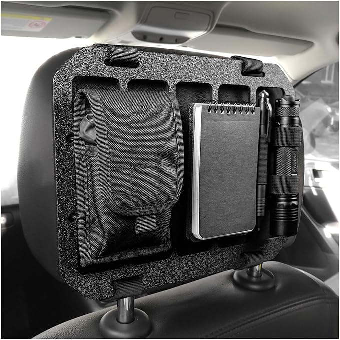 Car Visor Organizer MOLLE Panel, Auto Modular Storage Shelf MOLLE Panel with Mounting Straps, Rigid Tactical Gear Storage Rack EDC Pouch Tool for Most Vehicle Sun Visors (Headrest Panel)