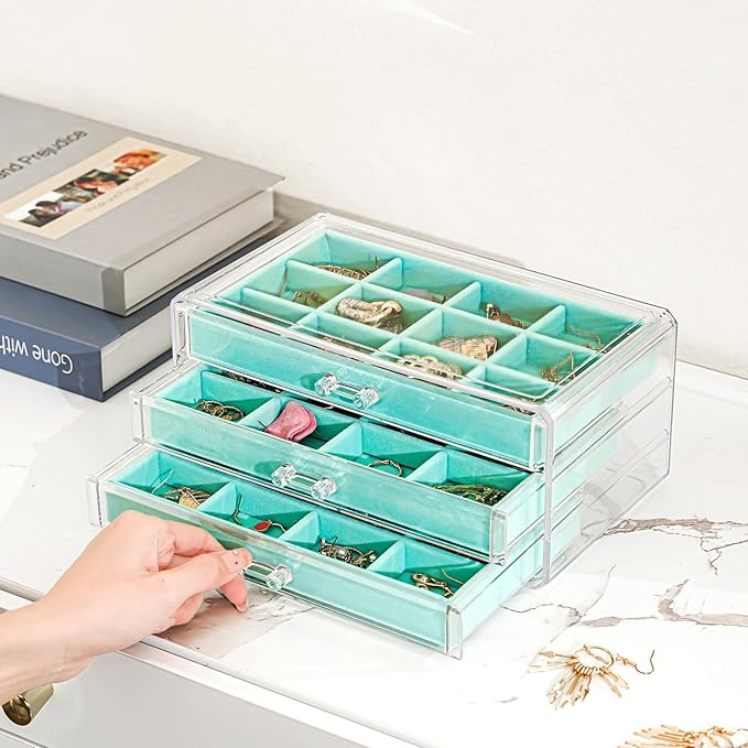 ProCase Earring Holder Organizer Jewelry Box with 3 Drawers, Acrylic Clear Earring Case with Adjustable Velvet Trays for Wome