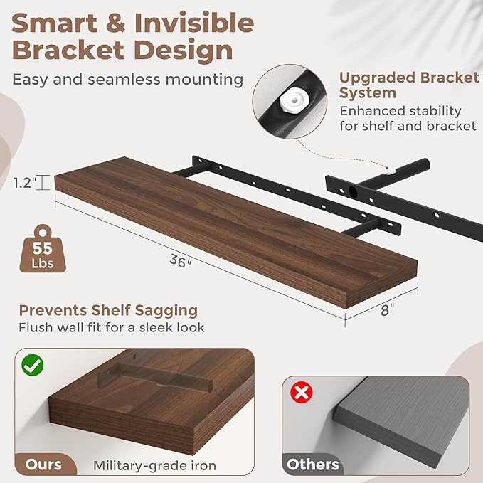 36 Inch Floating Shelves for Wall Set of 2, 8"D Wood Grain Bathroom Shelves with Invisible Brackets, Easy Install Engineered 