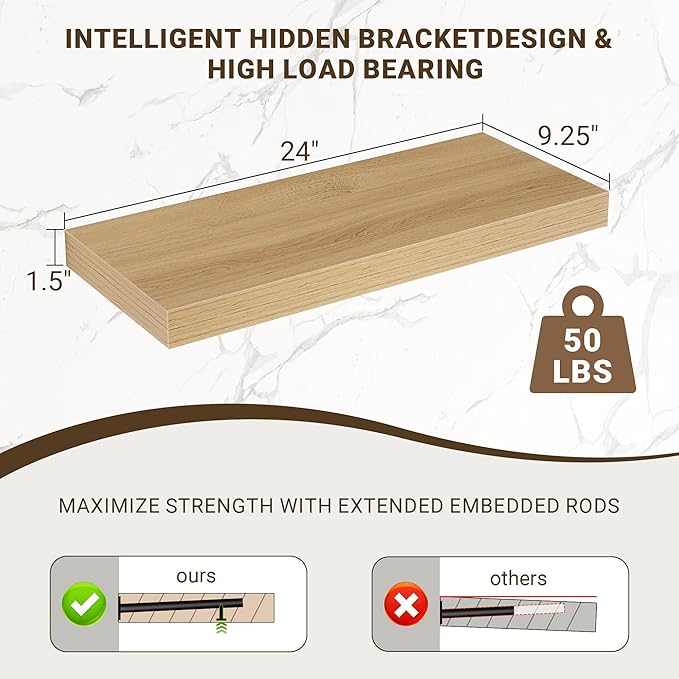24 Inch Floating Shelves, 3D Textured Wood Grain, 24"x9.25"x1.5" Inch Deep Floating Shelves for Wall, Wooden Shelves for Bath