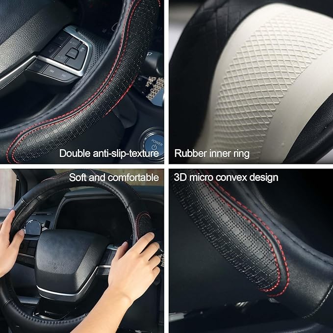 KAFEEK 15 Inch Genuine Top-Grain Leather Steering Wheel Cover, Anti-Slip Diamond Grid Texture, Breathable Cowhide Car Steerin
