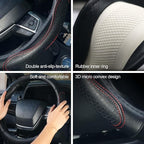 KAFEEK 15 Inch Genuine Top-Grain Leather Steering Wheel Cover, Anti-Slip Diamond Grid Texture, Breathable Cowhide Car Steerin