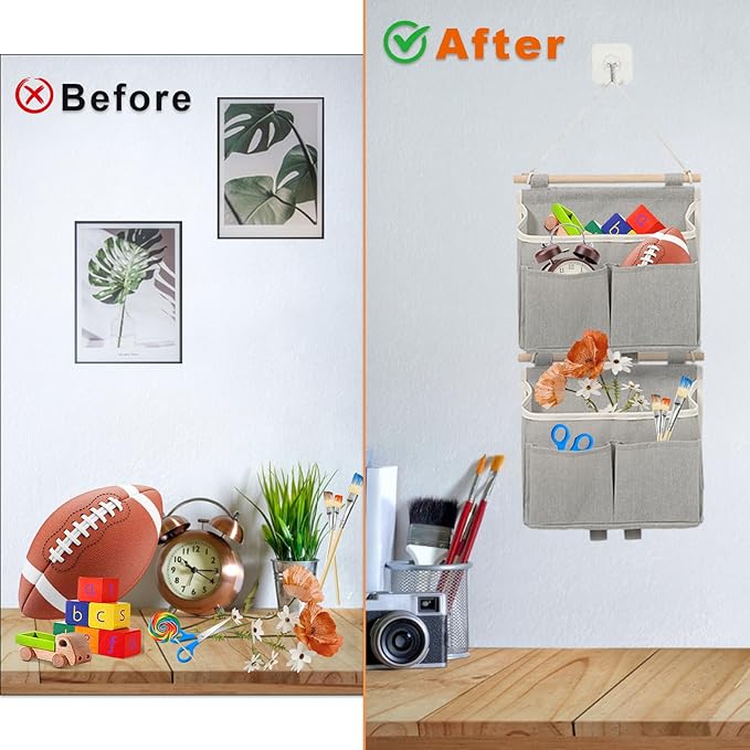 4 Pcs Wall Hanging Storage Caddy Bags, Wall Hanging Organizer Bag with Hooks, Linen Cotton Fabric Hanging Wall Door Organizer