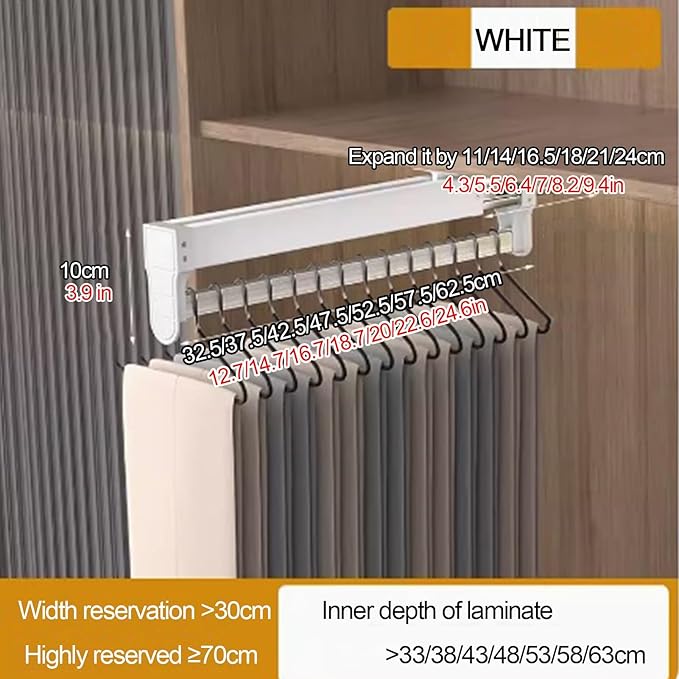 Pull-Out Clothes Rail, Extendable Pull Out Closet Rod, Wardrobe Hanger with Sliding Rail, Wardrobe Pull Out Clothes Hanger, B