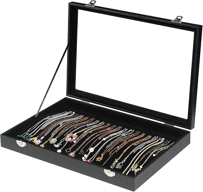 Coward 20 Hooks Necklace Organizer Jewelry Box, Dustproof Necklace Display Holder Case, Black Velvet Necklace Display Tray Ca