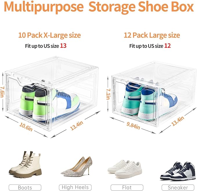 10 Pack Large Shoe Boxes Clear Plastic Stackable,Shoe Storage Organizer with Lids,Shoe Rack for Closet,Shoe Organizer and Sho