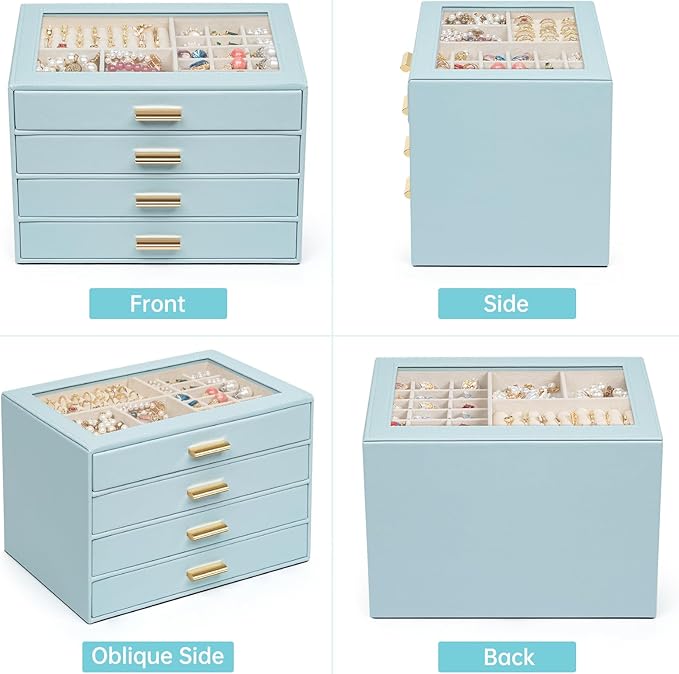 AKOZLIN Jewelry Box with Clear Lid Functional Leather Jewelry Storage Organizer Case 4 Drawers for Women Girls Necklace Ring 