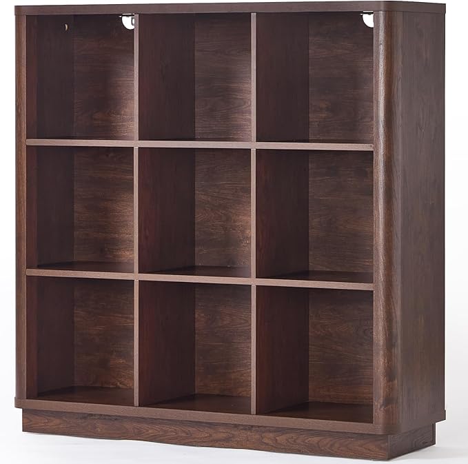 Joaxswe 9 Cube Bookshelf, 40.5" Wide Organizer Bookcase with Curved Edge, Wood Floor Standing 3-Tier Cubby Book Shelf with Ba