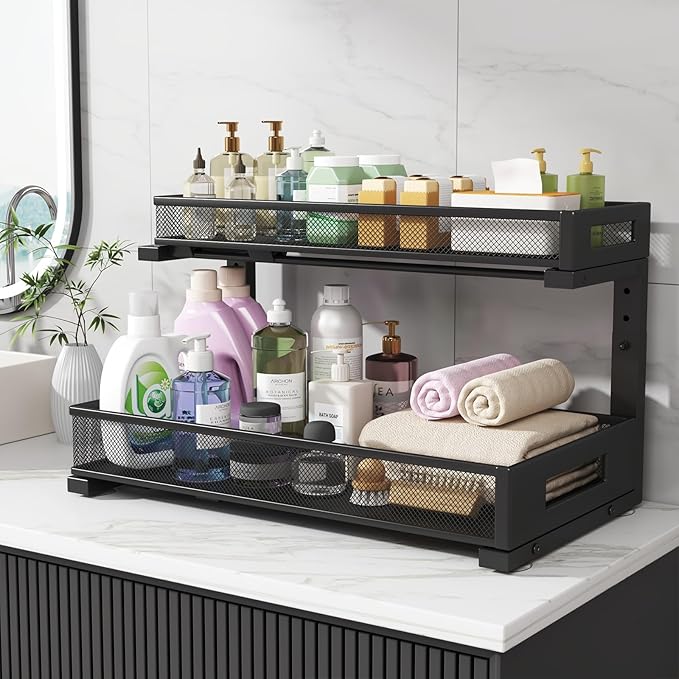 2 Pack 19IN Depth Under Sink Storage Organizer, Large 2-Tier Elegant Mesh Pull Out Shelf for Kitchen and Bathroom Cabinet Org