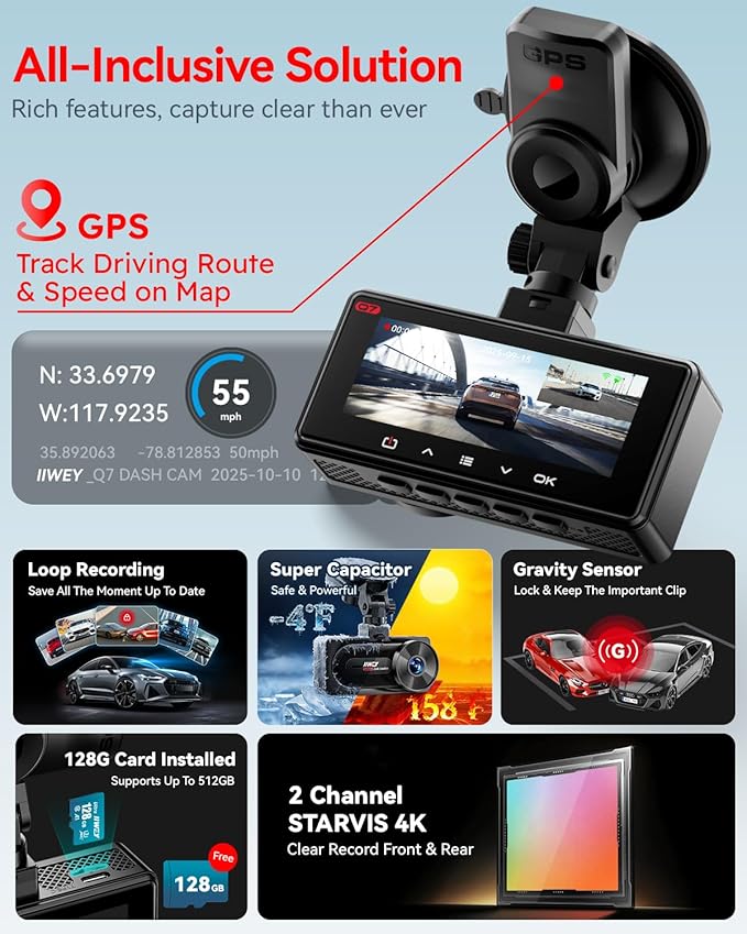 IIWEY 4K+4K Dash Cam Front and Rear, Dual STARVIS Sensor, 5G WiFi-6 (up to 20MB/s) with App, 128G SD Card Included, GPS, Dash