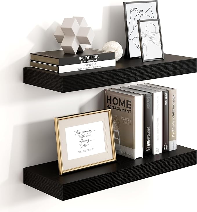 Heimlove 16 inch Black Floating Shelves for Wall,6.7 inch Deep Small Bathroom Over Toilet Shelf,Wall Mounted Wood Shelves for