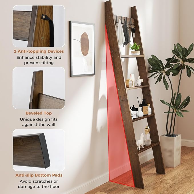 GOFLAME 5-Tier Blanket Ladder, 58.5” Bamboo Decorative Ladder Shelf with 4 Removable Hooks and 4 Deep Rungs, Wall Leaning Far