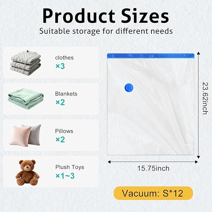 12 Pack Small Travel Vacuum Storage Bags, Portable Vacuum Seal Bags for Clothing Travel with Pump, Space Saver Bag for Luggag