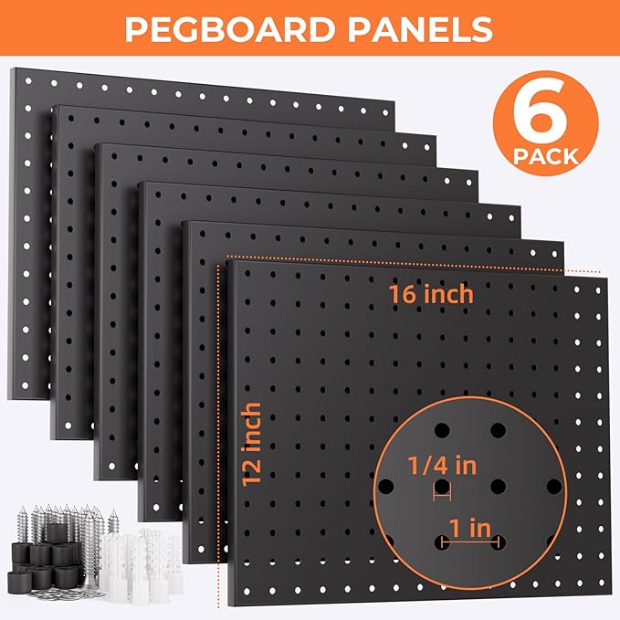 INCLY 90PCS Pegboard Wall Organizer, 6 Pack Metal Peg Board Panels with 1/4" Pegboard Hooks Accessories Kit, Black Peg Board 