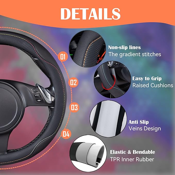 CAR PASS Colour Piping Leather Universal Fit Steering Wheel Cover,Perfectly fit for 14.5-15 inches for Various Vehicles Suvs,