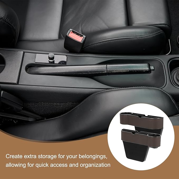 HARFINGTON Car Seat Gap Filler Organizer 10.6 x 7.1 x 2.8 Inch ABS+Leather Universal Car Organizer Storage Box Between Seat and Console (Right) with Cup Holders for Phone Keys, Brown