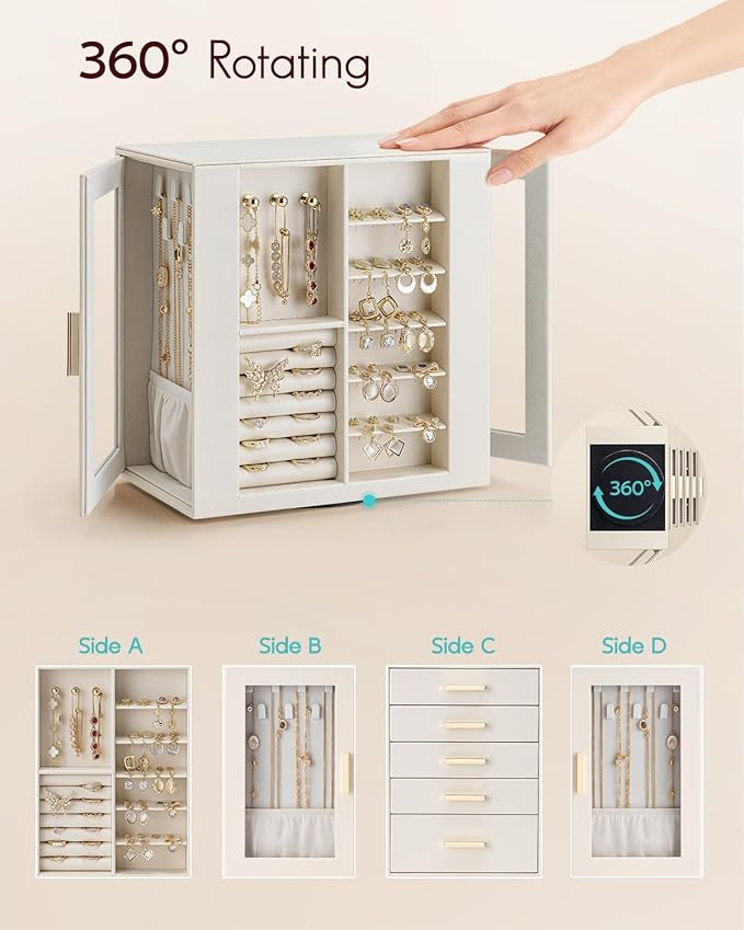 VLANDO 360ｰ Rotating Jewelry Box with 5 Drawers, Mothers Day Mom Gifts, Large Jewelry Storage with 2 Glass Window, PU Leather