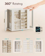VLANDO 360ｰ Rotating Jewelry Box with 5 Drawers, Mothers Day Mom Gifts, Large Jewelry Storage with 2 Glass Window, PU Leather