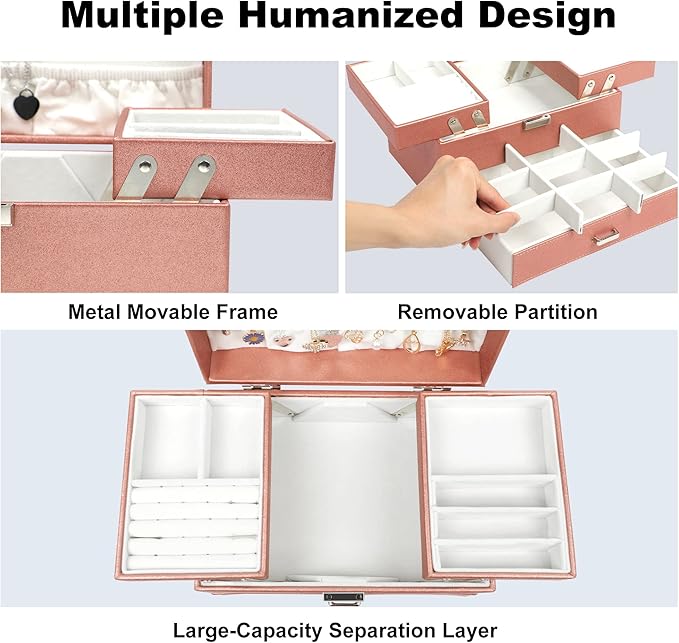 Dajasan Jewelry Organizer Box, Large Jewelry Boxes for Women Girls, Space-Saving 3 Layers Jewelry Storage Case with Drawer, M