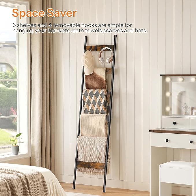 HOOBRO Blanket Ladder, 6-Tier Towel Rack with Hooks, Wall-Leaning Blanket Rack, Decorative Display Ladder Shelf, Scarves, Ind