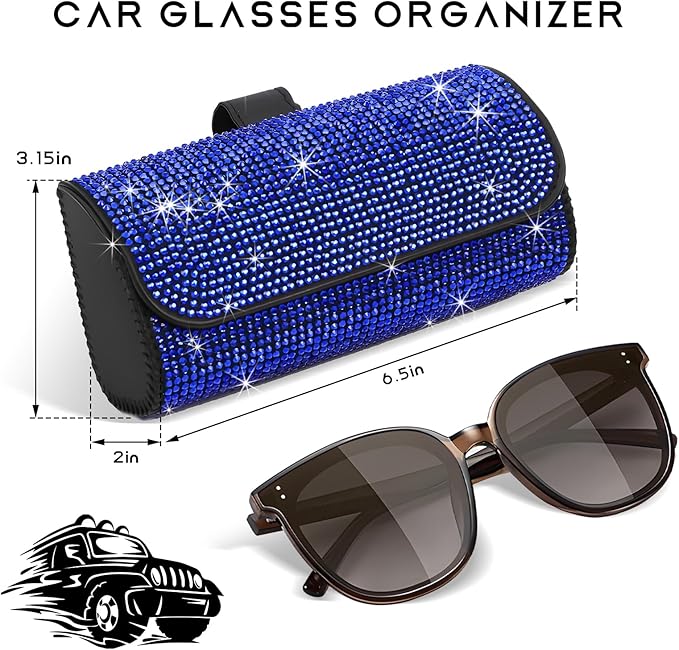 Sunglasses Holder for Car Sun Visor, Bling Leather Eyeglasses Visor Storage Case with Hidden Magnetic Closure, Sparkling Auto Visors Protective Organizer Storage Box (Blue)