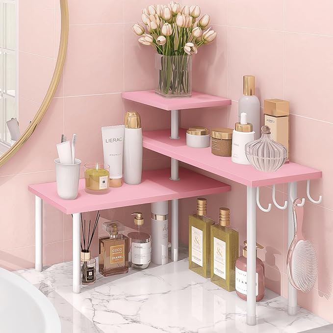 Homode 3-Tier Counter Organizer Shelf for Bathroom, Corner Shelf for Countertop, Over Sink, Make Up, Dresser Table, Desktop -
