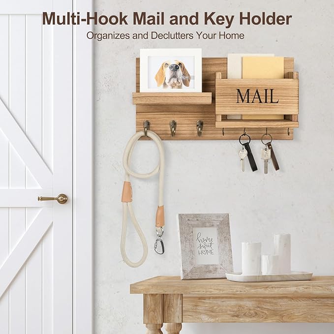 Lwenki Mail Organizer for Wall Mount – Key Holder with Shelf Includes Letter Holder and Hooks for Hallway Farmhouse Decor – R