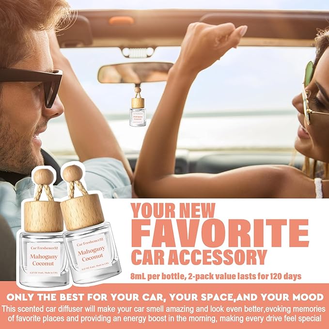HoogaLife Car Air Freshener Diffuser 2 Pack Hanging Mahogany Coconut Car Air Freshener for Women 45+ days Long Lasting Fragra