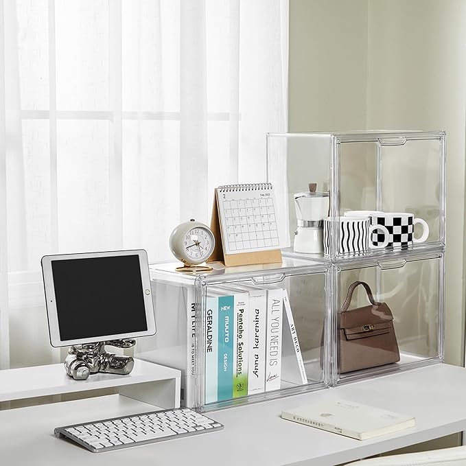 Clear Stackable Plastic Storage Bins with Magnetic Attraction Lid, Acrylic Box Display Case Showcase for Cosmetic, Large Figu