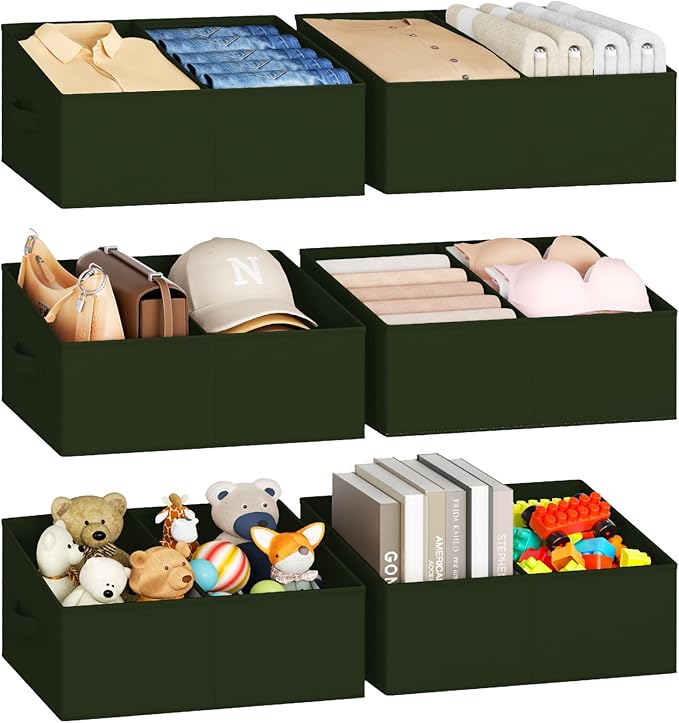DIMJ Large Closet Shelf Organizer Bins 6 Packs with Handles and Divider, Fabric Trapezoid Storage Baskets, Foldable Clothes C